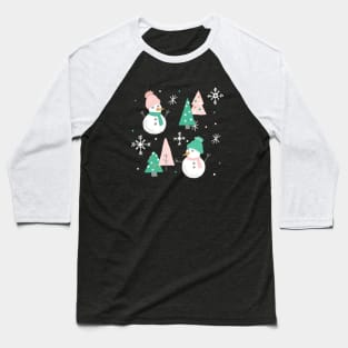 Cozy Snowmen on Mint Baseball T-Shirt